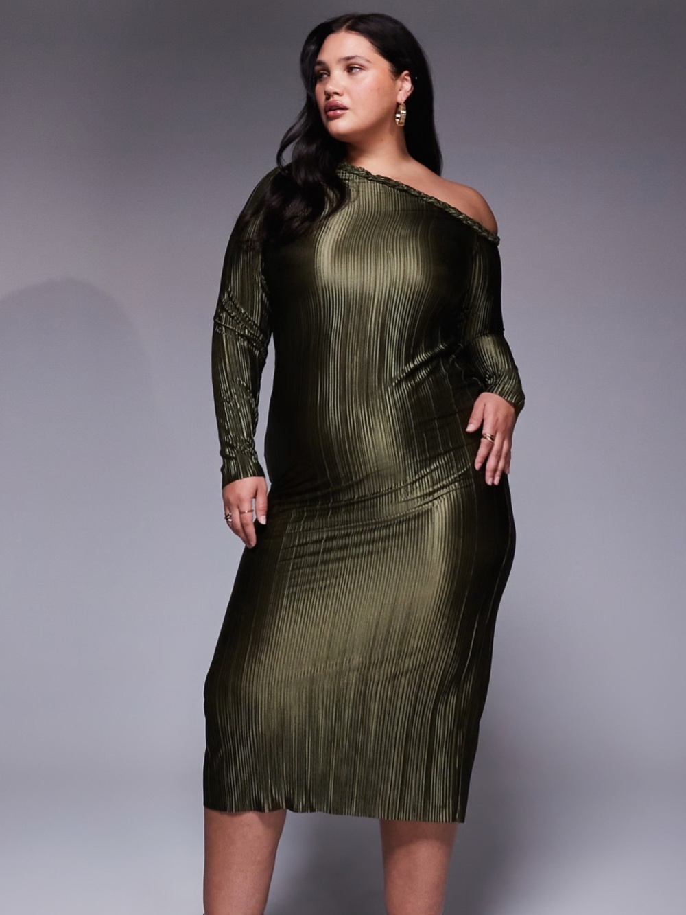 ASOS DESIGN Curve Braided Neckline Plisse One-Shoulder Khaki Green Midi Dress